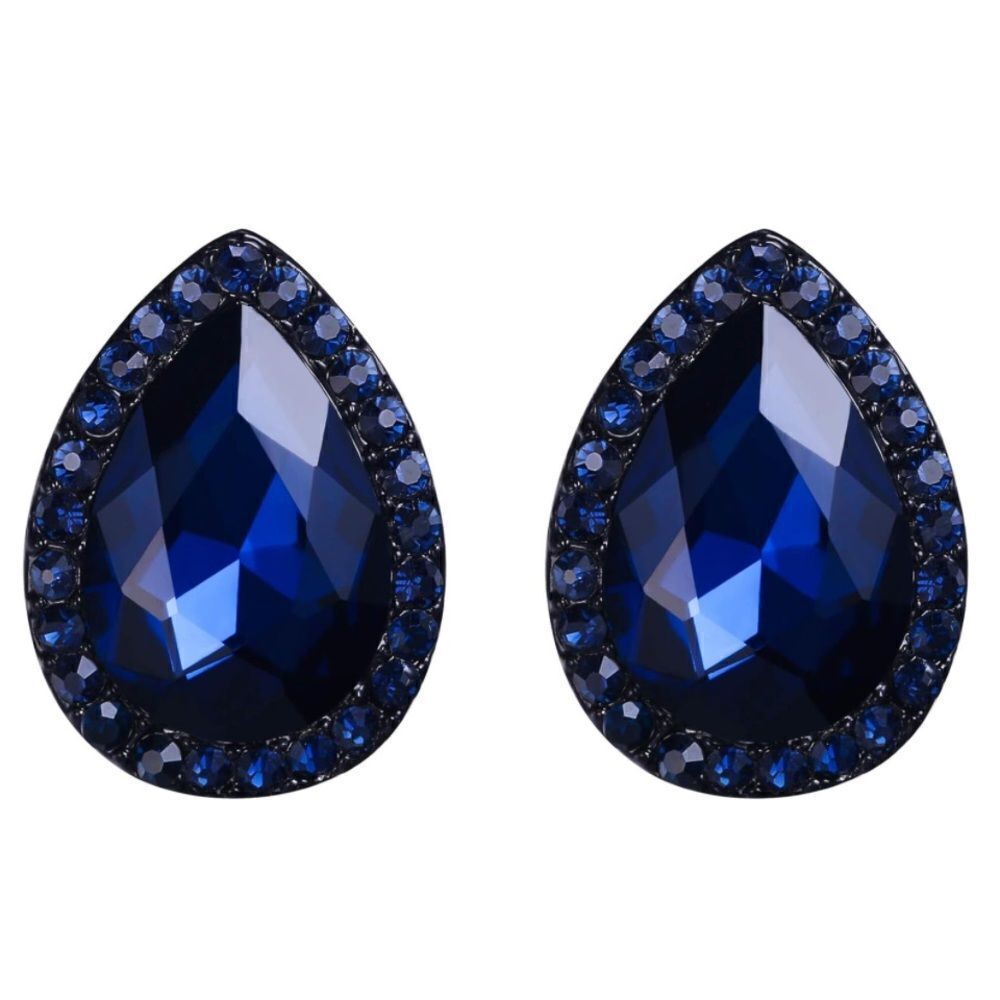 Carbon Black with Sapphire Blue Austrian Crystal Teardrop Stud Post Earrings